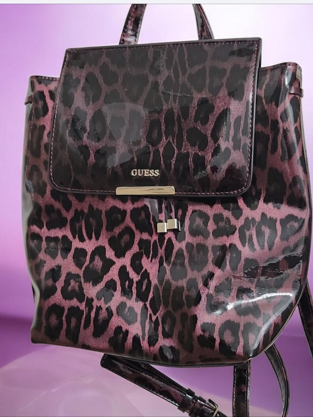 GUESS Pink and Black Leopard Patent Backpack●EUC● Read Below